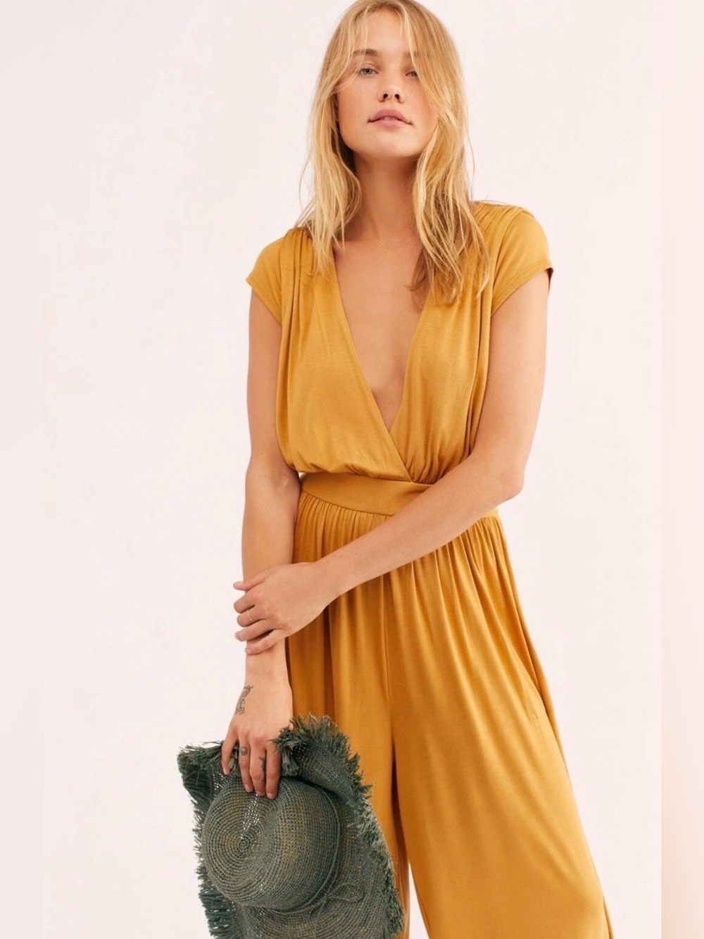 Free People Beach Golden Yellow Wide Leg Jumpsuit‎ Mustard Size S Stretchy